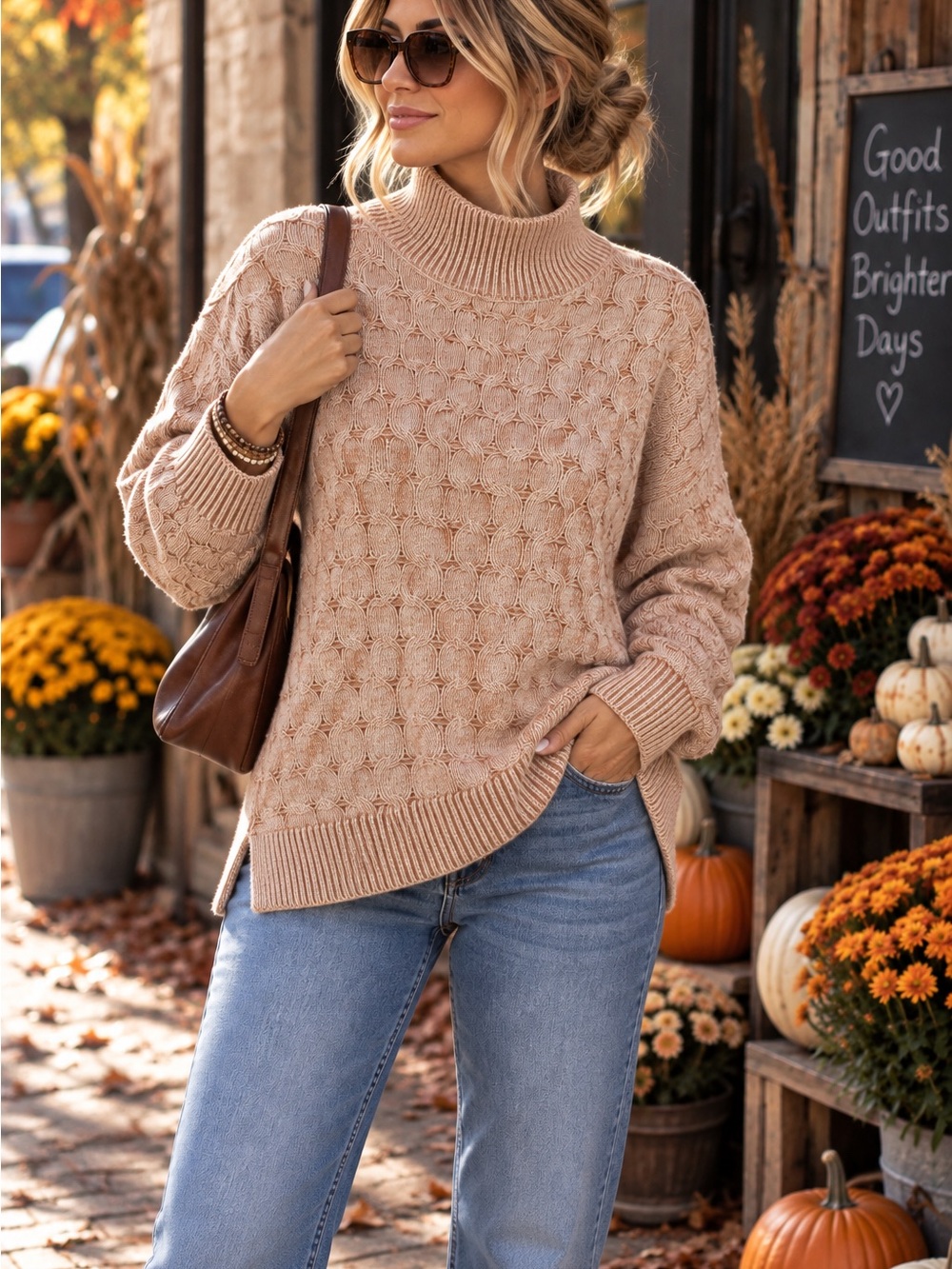 Cozy Mock Neck Cable Knit Sweater - Beige and Rust